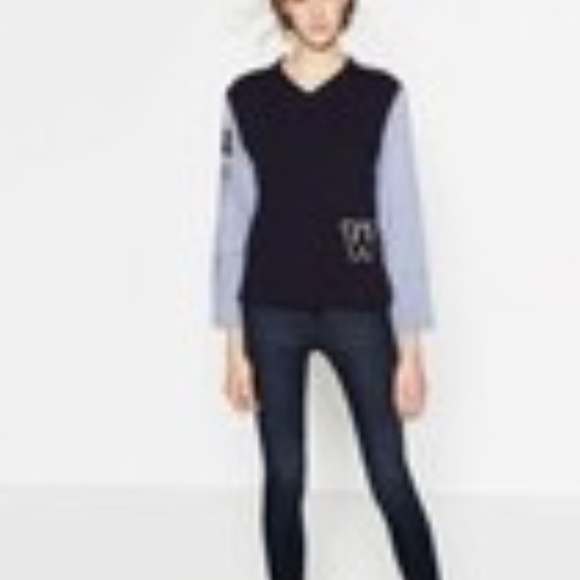 ZARA BLUE VARSITY LETTERMAN PATCHES STRIPED TOP SWEATER VEST BLOUSE 486/242 S - Picture 1 of 5